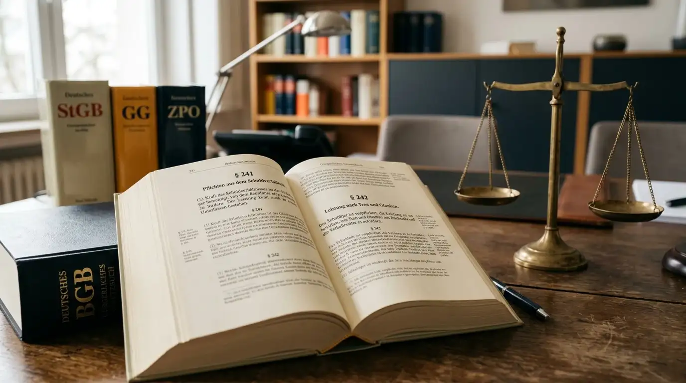 Österreichisches Gesetzbuch mit Paragraph-Symbol und Waage auf Schreibtisch