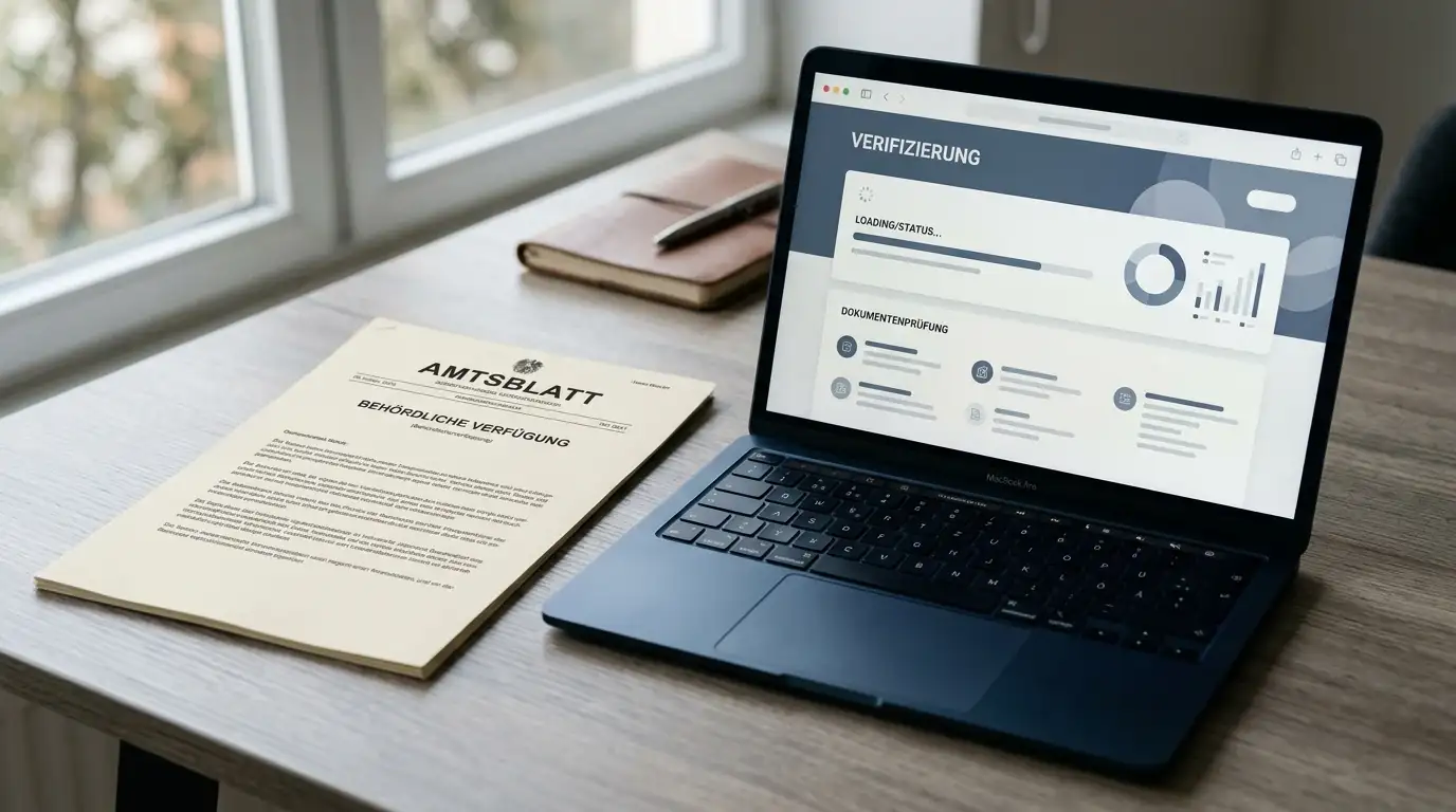 Österreichisches Rechtsdokument neben neutralem Prüfvermerk und Laptop