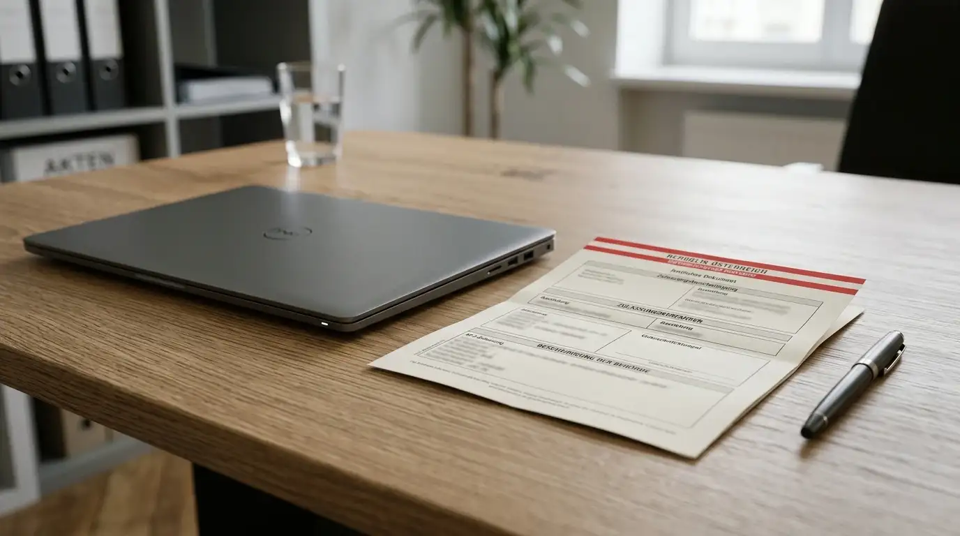 Neutrales österreichisches Konzessionsdokument neben Laptop