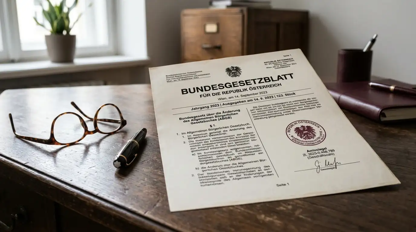 Österreichisches Glücksspielgesetz-Dokument mit Brille auf Schreibtisch