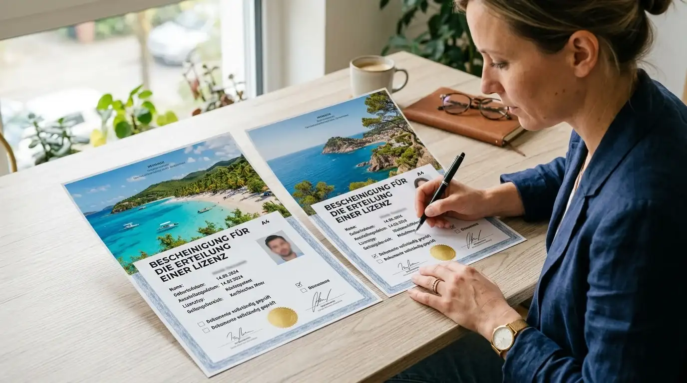 Zwei Lizenzzertifikate nebeneinander auf Schreibtisch, Karibik- und Mittelmeer-Küstenfotos im Hintergrund