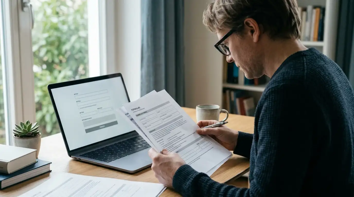 Person prüft KYC-Unterlagen neben einem neutralen Auszahlungsformular