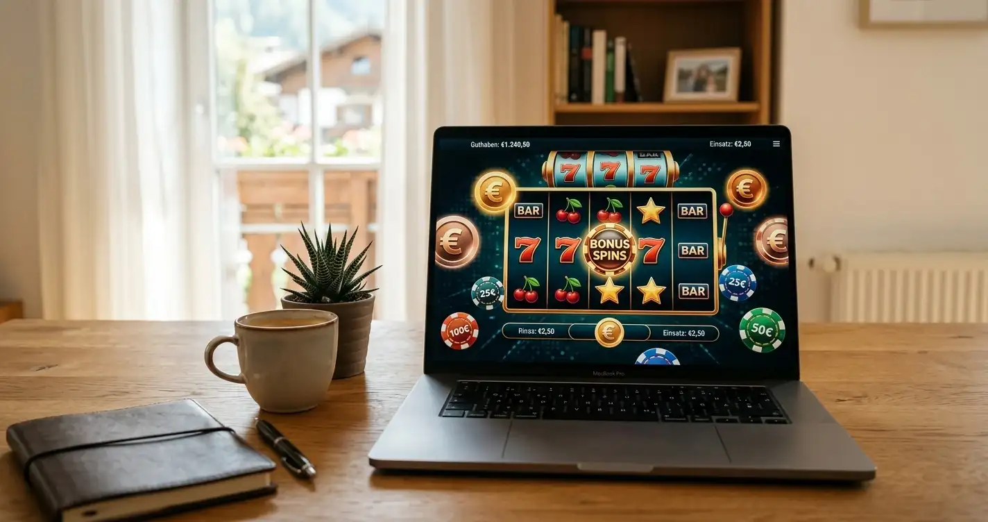 Laptop mit Casino-Bonus-Vergleich und Euro-Symbolen auf österreichischem Schreibtisch