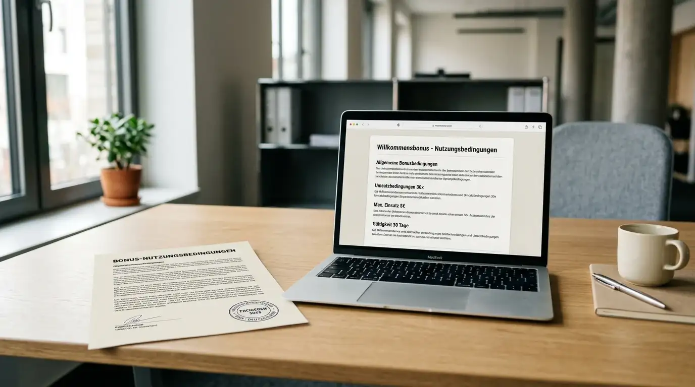 Modernes Büro mit Laptop und Casino-Bonusdokument auf dem Schreibtisch