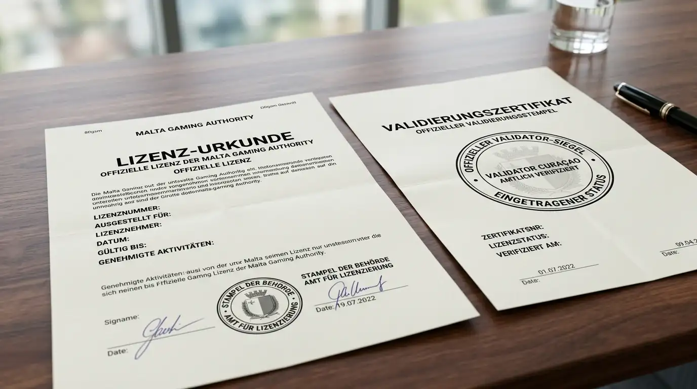 MGA-Lizenzdokument und Curaçao-Validator-Seal auf neutralem Hintergrund
