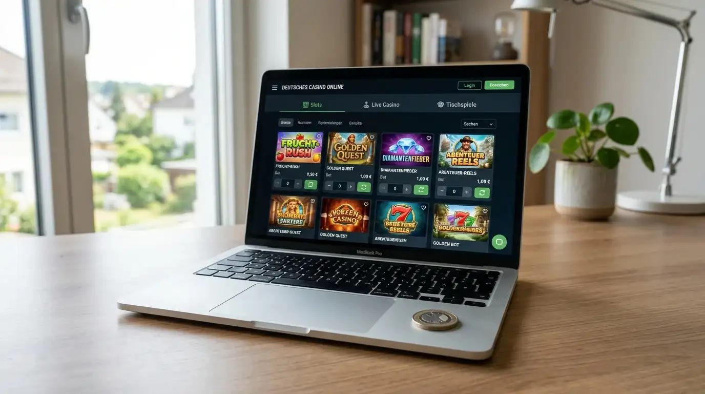 Laptop mit geöffnetem Casino-Interface und 1-Euro-Münze auf Schreibtisch