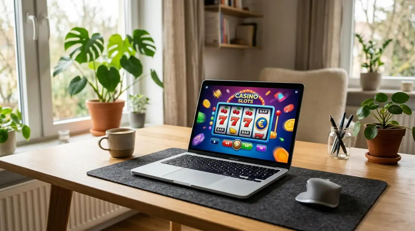 Schreibtisch mit Laptop und Casino-Vergleich in modernem Home-Office