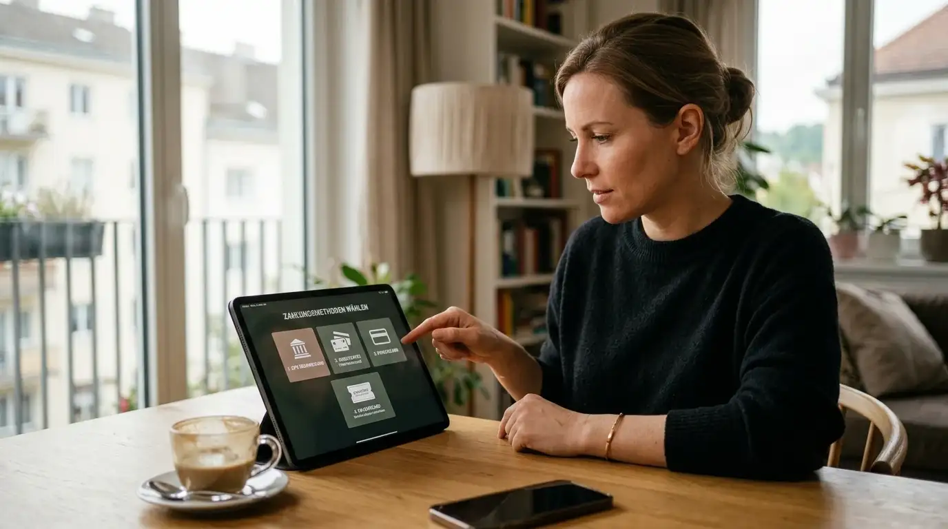 Flat lay: Three payment methods with Austrian banking context, organized layout