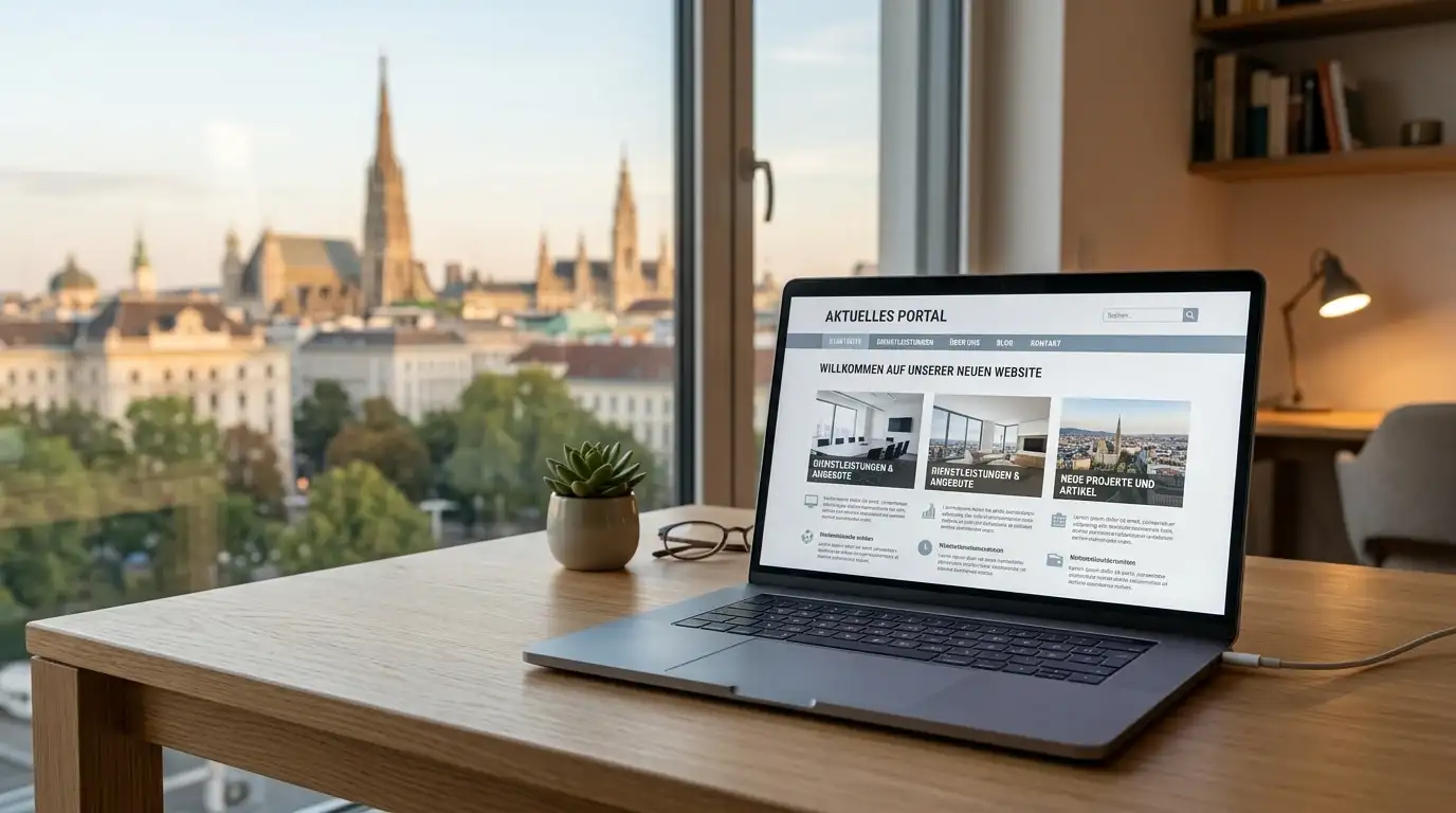 Laptop mit Casino-Webseite und Wiener Stadtbild im Hintergrund