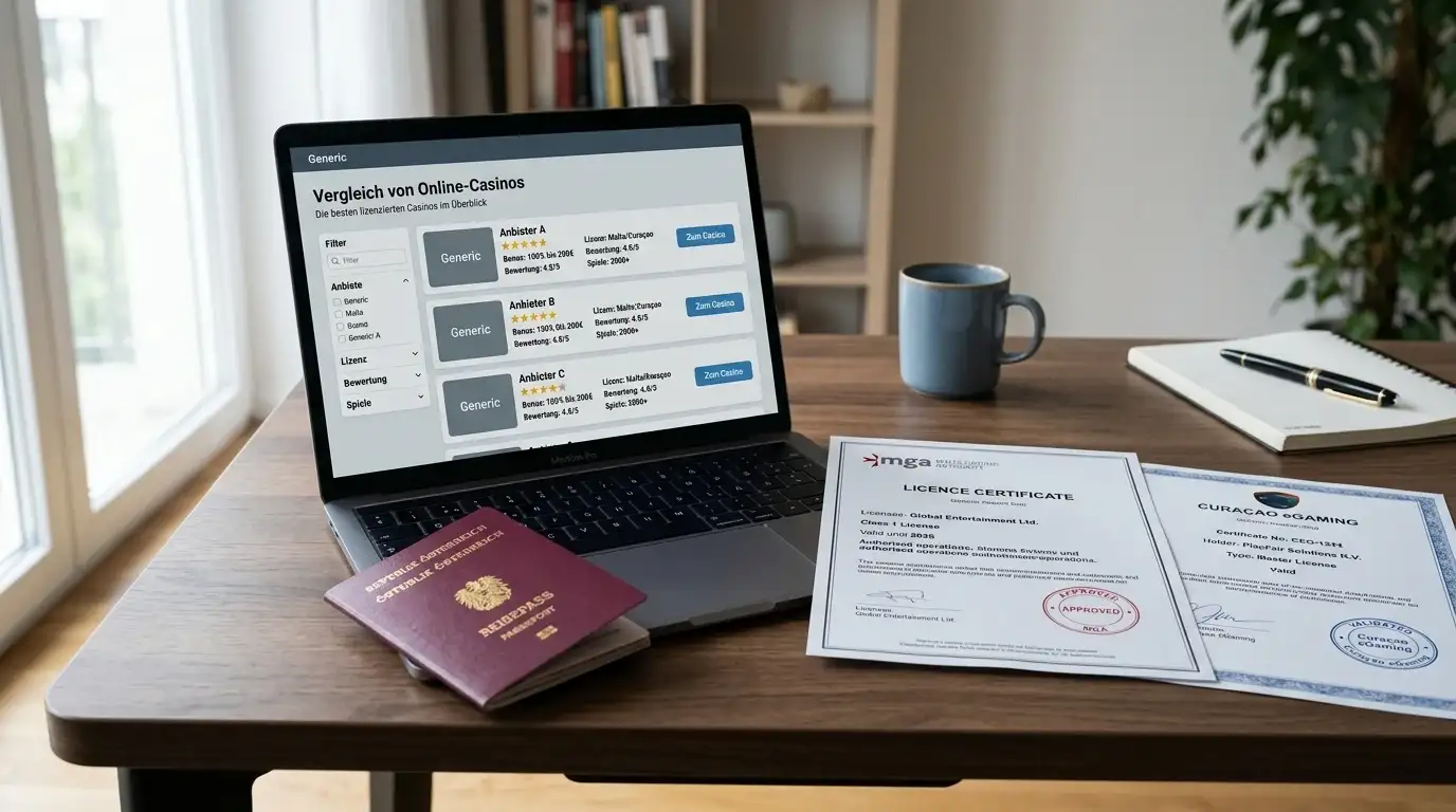 Schreibtisch mit österreichischem Pass, Laptop mit Casino-Vergleichsseite und Lizenz-Dokumenten