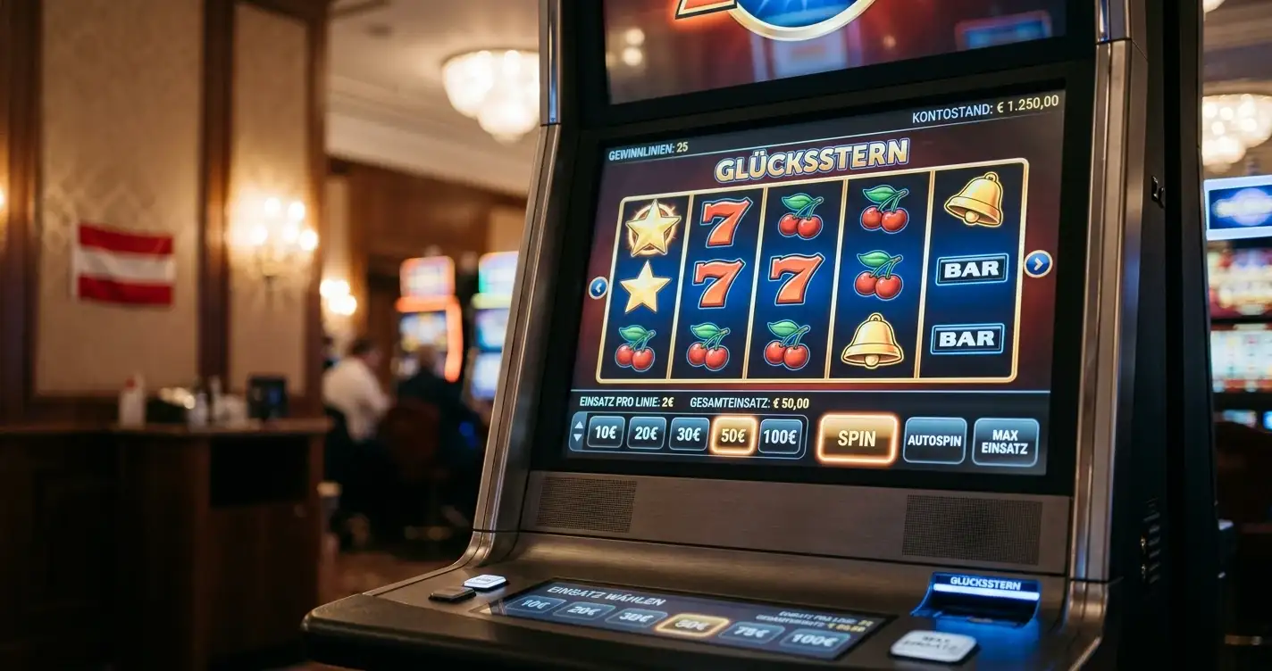 Online Casino Spielautomat mit höheren Einsätzen und österreichischer Flagge im Hintergrund