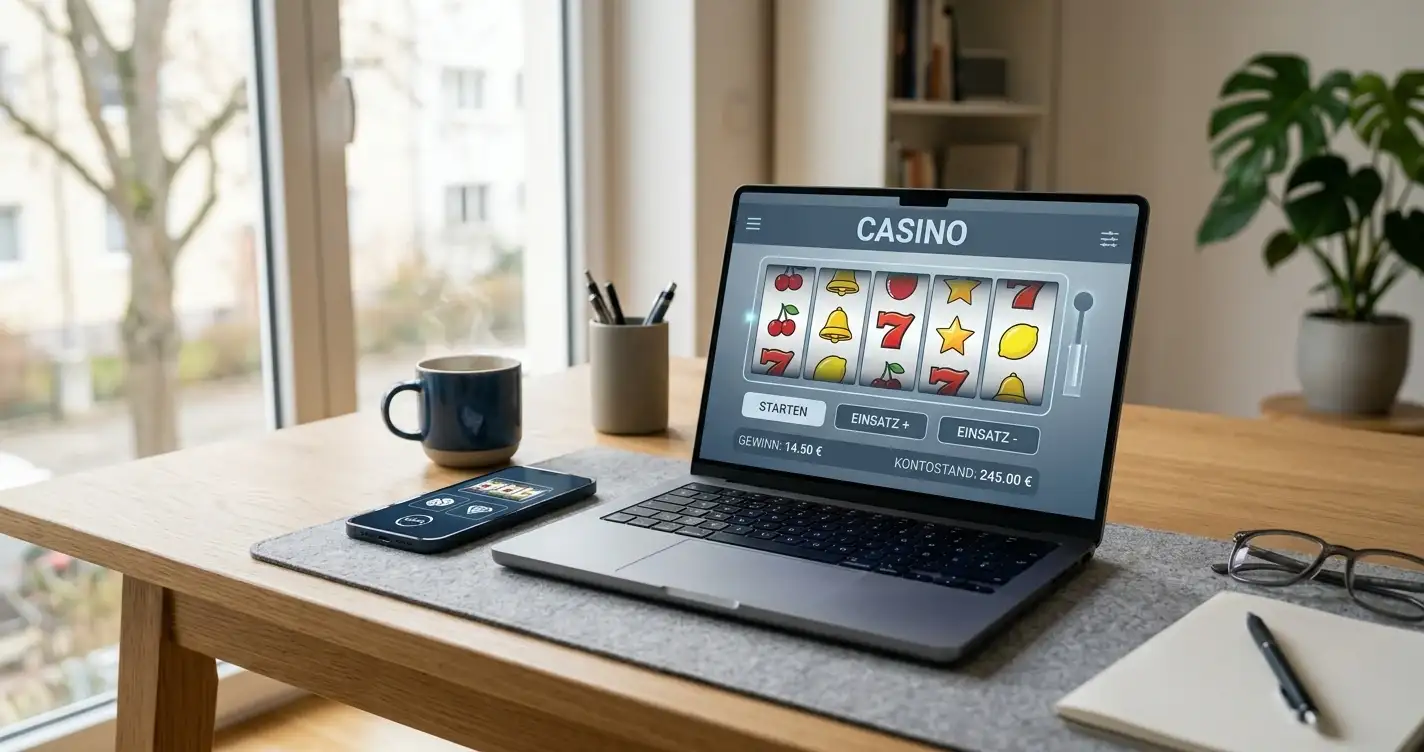 Online Casino ohne Wartezeit in Österreich — Laptop mit Casino-Interface und Spielautomaten-Symbolen
