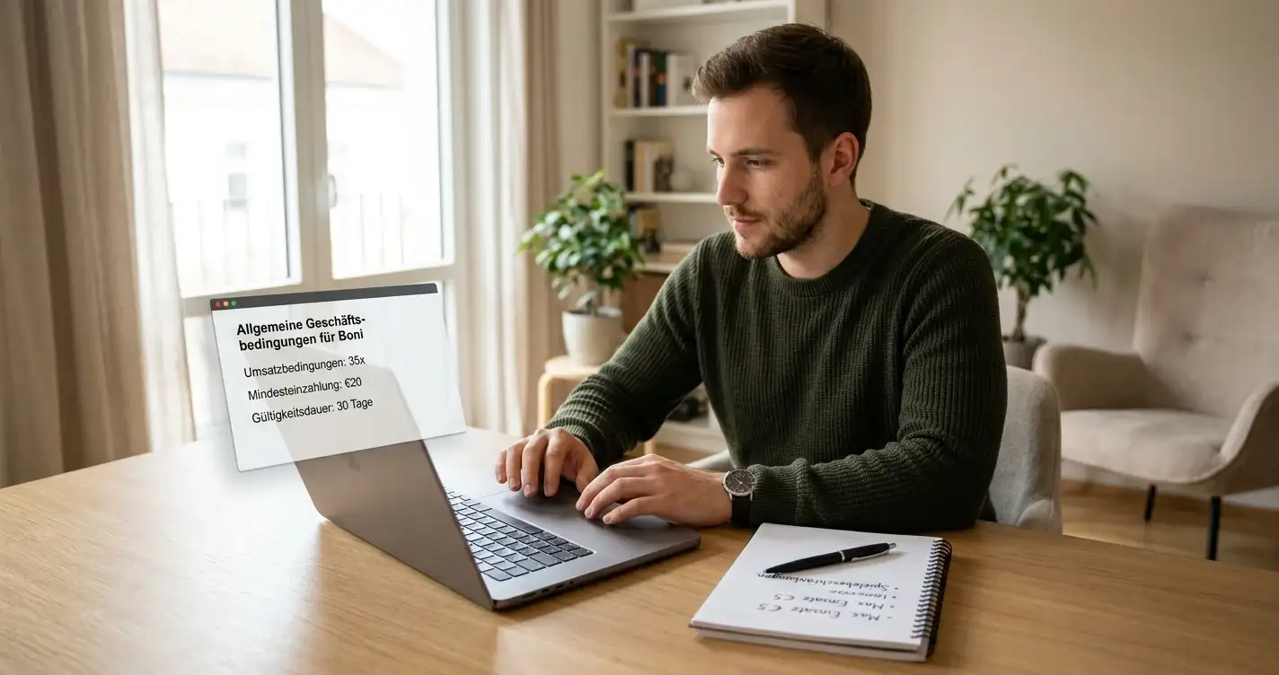 Österreichischer Spieler analysiert Casino-Bonusbedingungen am Laptop