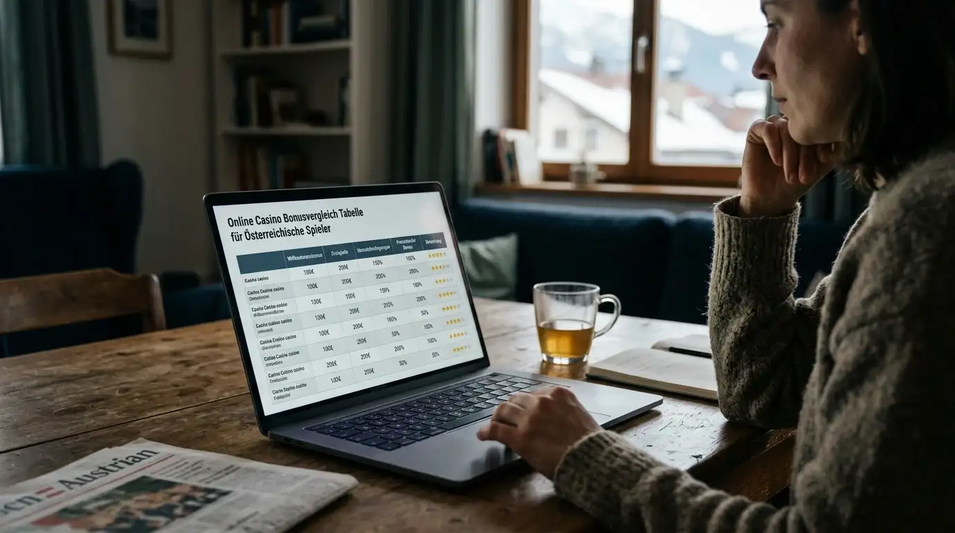 Laptop mit Casino-Vergleichsseite und Notizen zu verschiedenen Anbietern