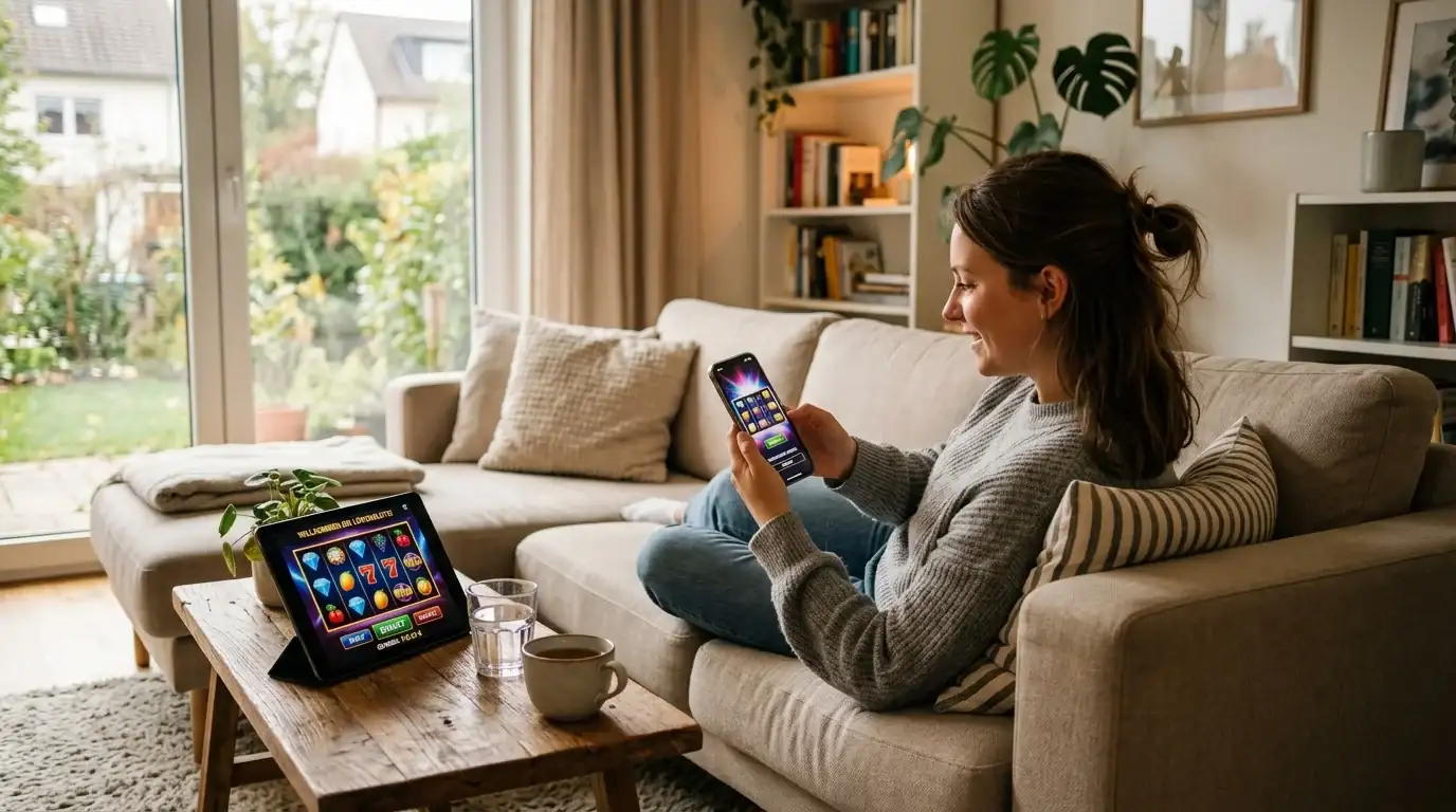 Person entspannt auf Sofa mit Smartphone beim Spielen abstrakter Slot-Spiele