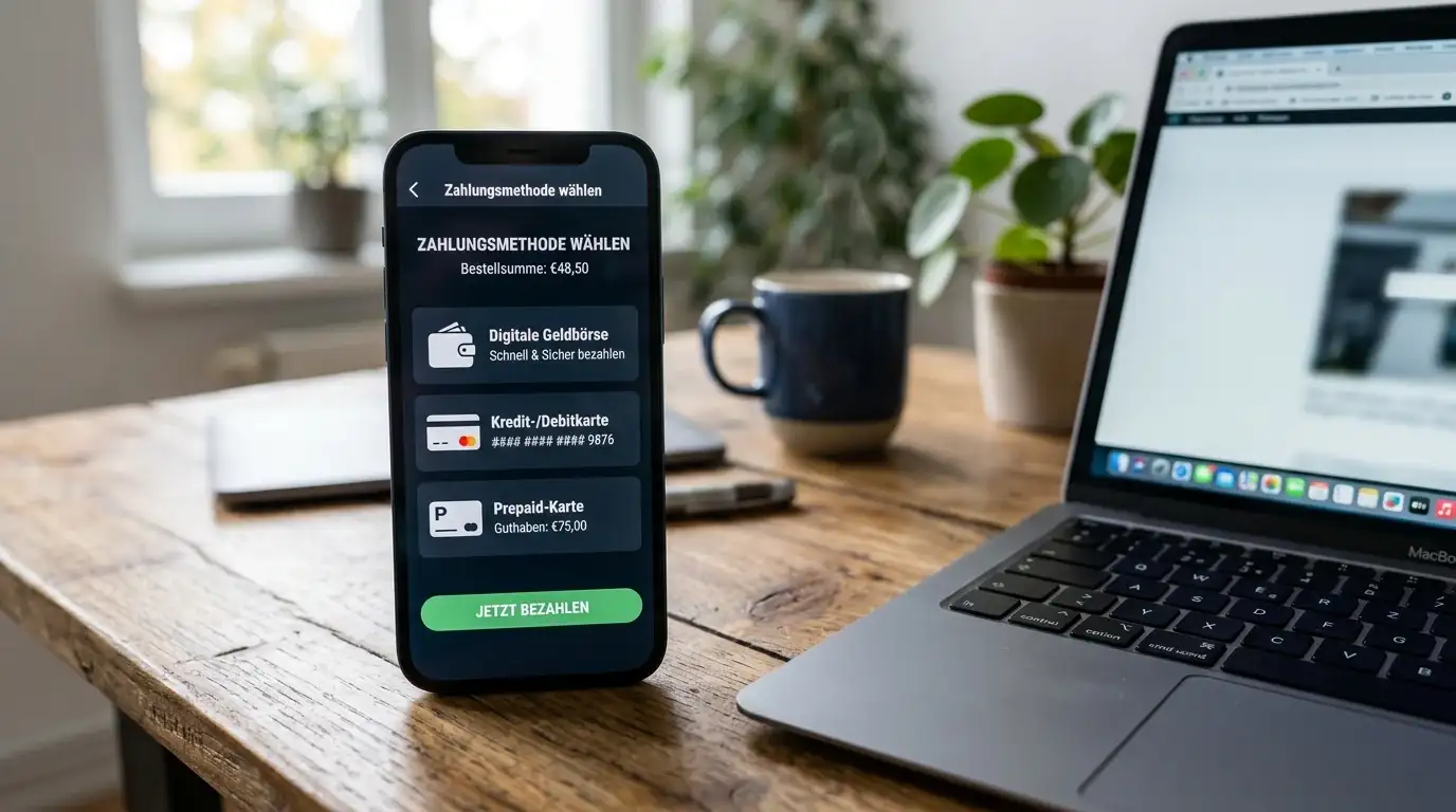 Smartphone mit Zahlungsmethoden-Auswahl im Casino-Konto