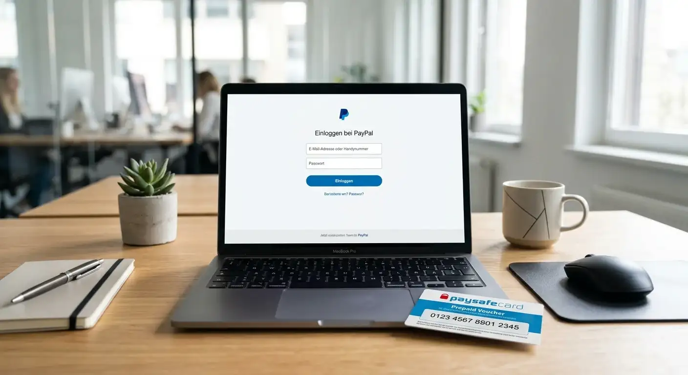 Laptop mit PayPal-Login-Bildschirm und Paysafecard-Voucher daneben