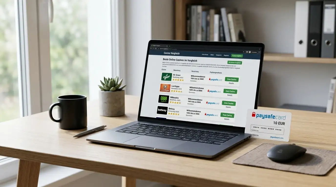Schreibtisch mit Laptop und Paysafecard-Voucher neben Casino-Vergleichsdokument