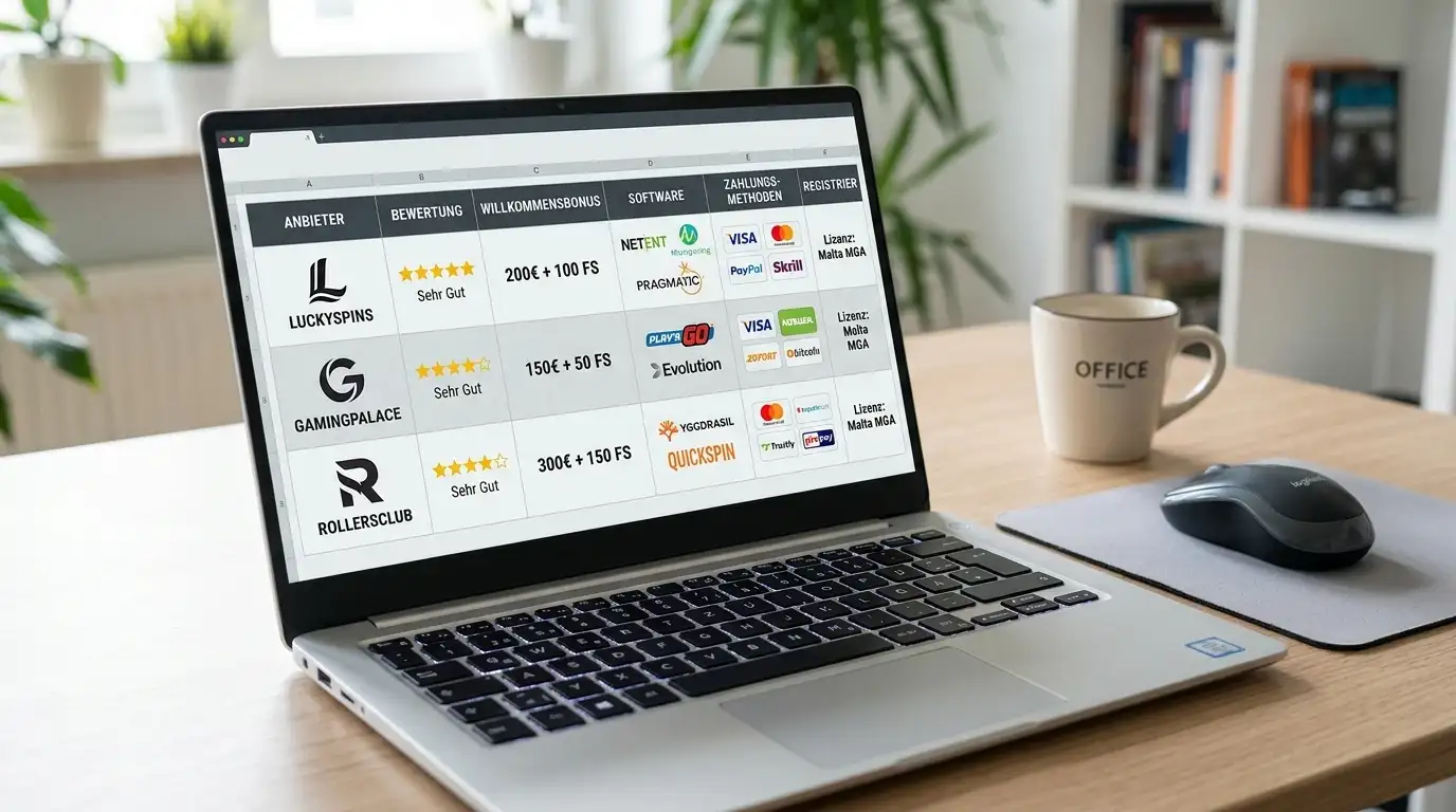 Vergleichstabelle mit Anbieter-Logos und Zahlungsmethoden-Symbolen auf Laptop-Bildschirm