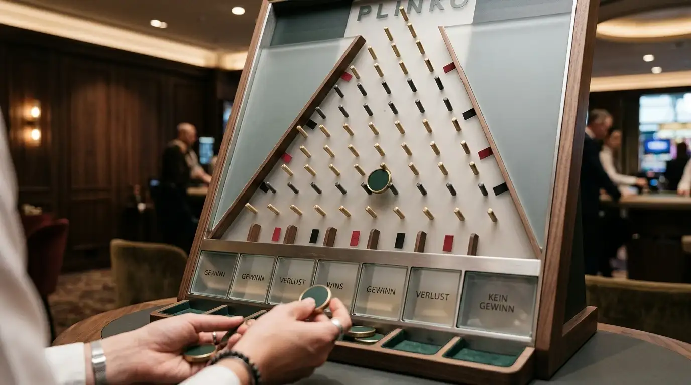 Plinko Spielfeld mit Ball der durch Pins fällt