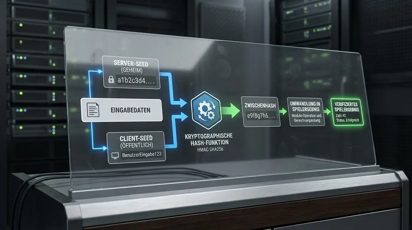 Kryptografischer Hash-Algorithmus-Darstellung mit Server Seed und Client Seed Komponenten