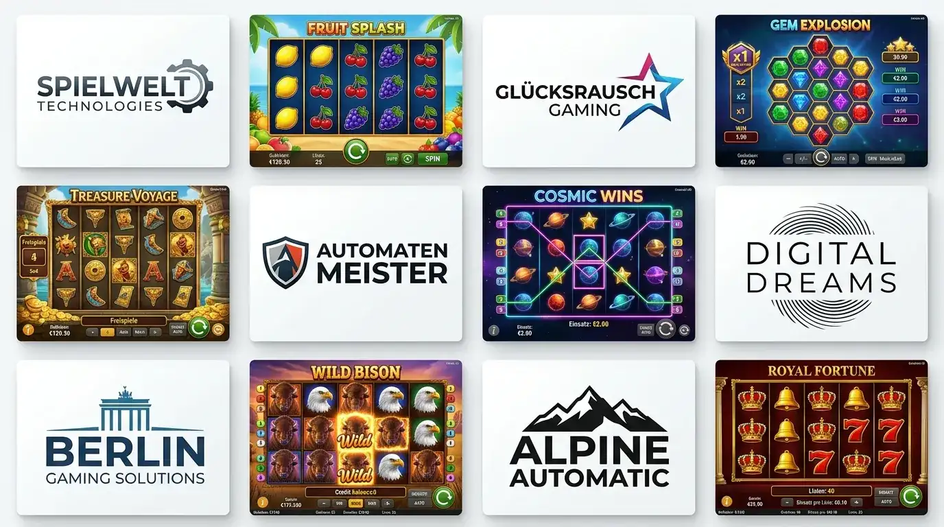 Spielautomaten-Provider-Logos und Slot-Screenshots auf neutralem Hintergrund