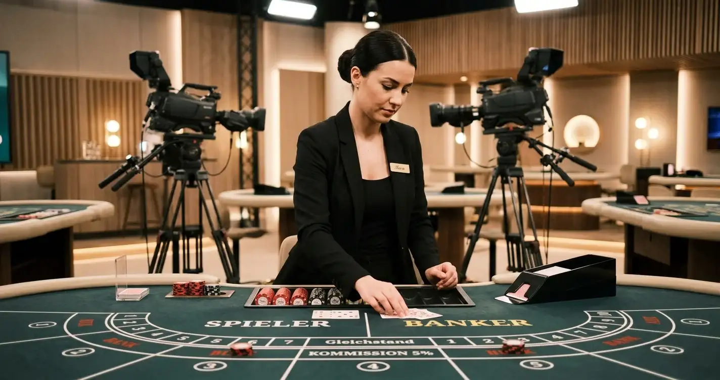 Live-Punto-Banco-Tisch mit Croupier und Spielkarten in elegantem Casino-Studio