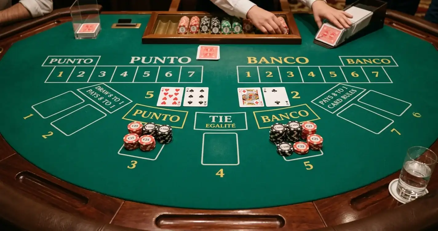 Punto-Banco-Spieltisch mit Banco- und Punto-Wettfeldern und Spielkarten