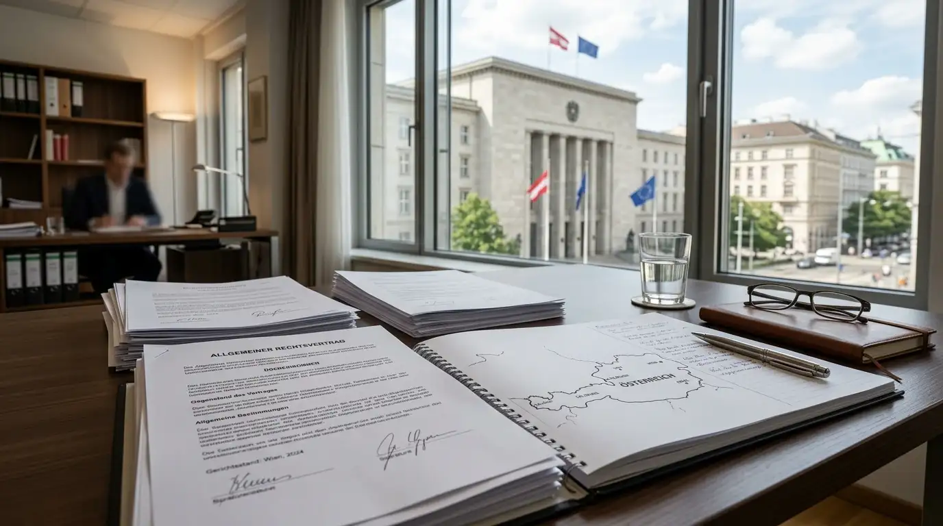 Rechtsdokument mit Österreich-Karte auf Schreibtisch
