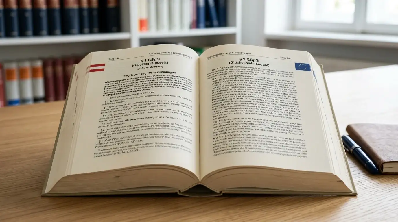 Gesetzbuch mit österreichischer Flagge und EU-Sternen