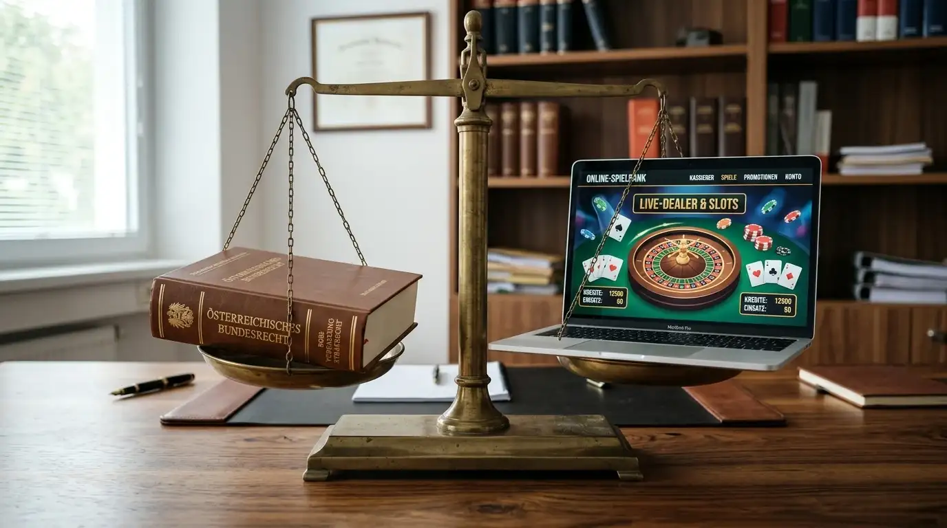 Waage mit österreichischem Gesetzbuch auf einer Seite und internationalem Casino-Laptop auf der anderen
