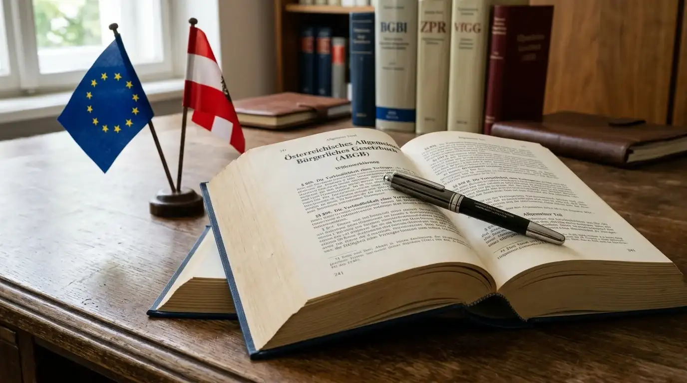 Österreichisches Gesetzbuch und EU-Flagge auf einem Schreibtisch