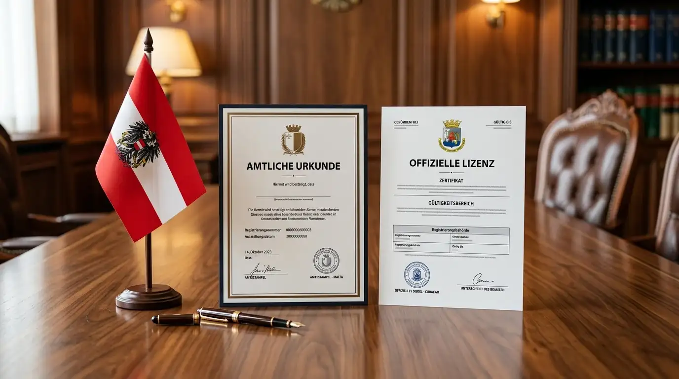 Österreichische Flagge neben Lizenzdokumenten von Malta und Curacao auf Holztisch