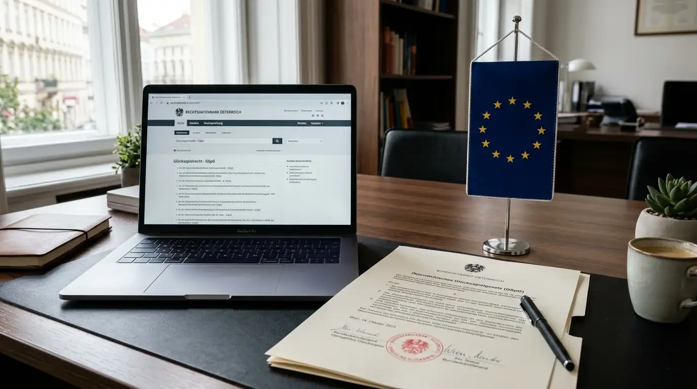 Gegenüberstellung: österreichisches Glücksspielgesetz-Dokument und EU-Flagge auf Schreibtisch