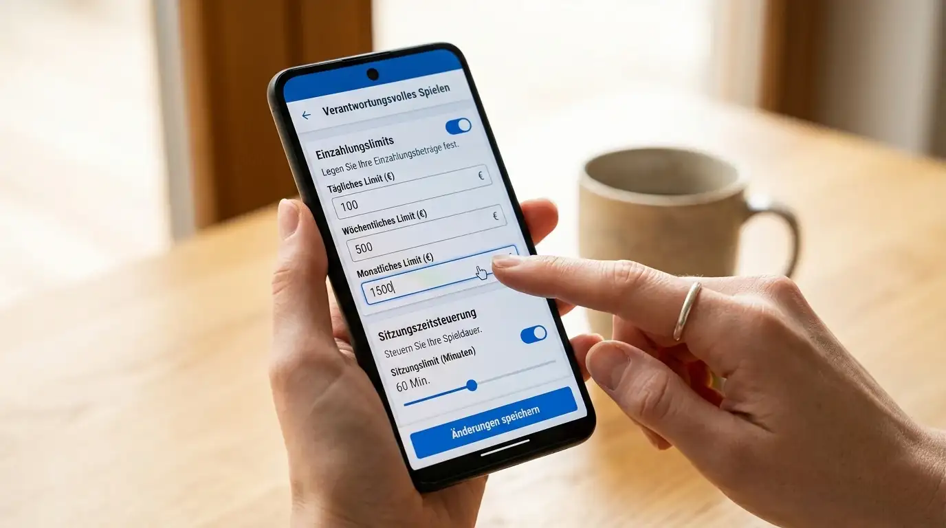 Person konfiguriert Einzahlungslimits in Casino-App auf Smartphone