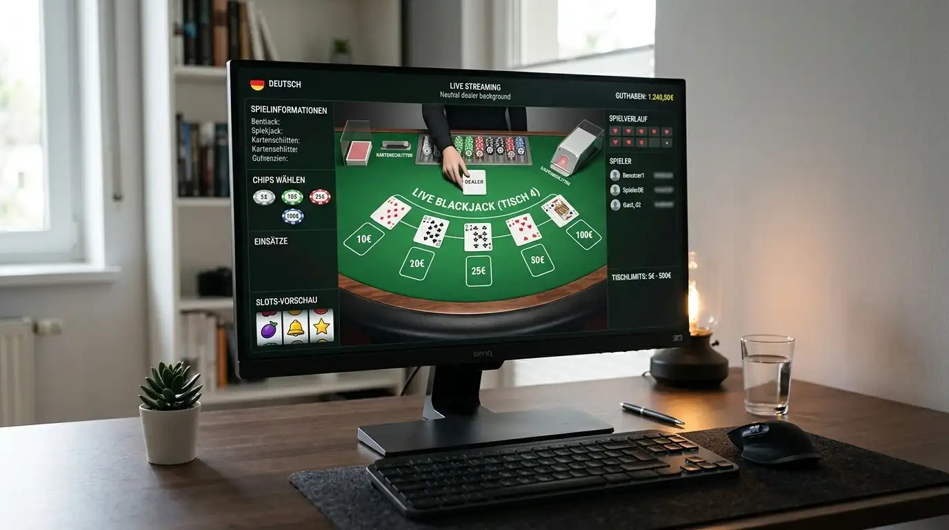 Bildschirm mit Spielautomaten und einem Live-Tisch als Übersicht des Casino-Spielangebots