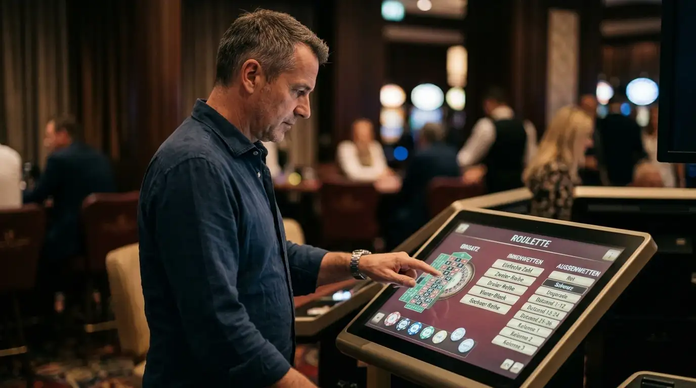 Roulette-Einsatzfläche mit Außen- und Innenwetten beschriftet auf Deutsch: Plein, Cheval, Transversale, Rouge/Noir, Pair/Impair