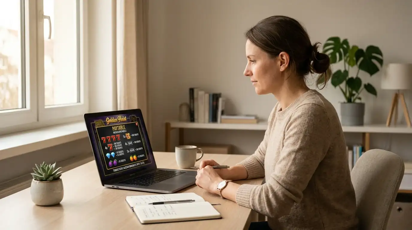 Person analysiert RTP-Paytable auf Laptop-Bildschirm in ruhigem Arbeitsumfeld