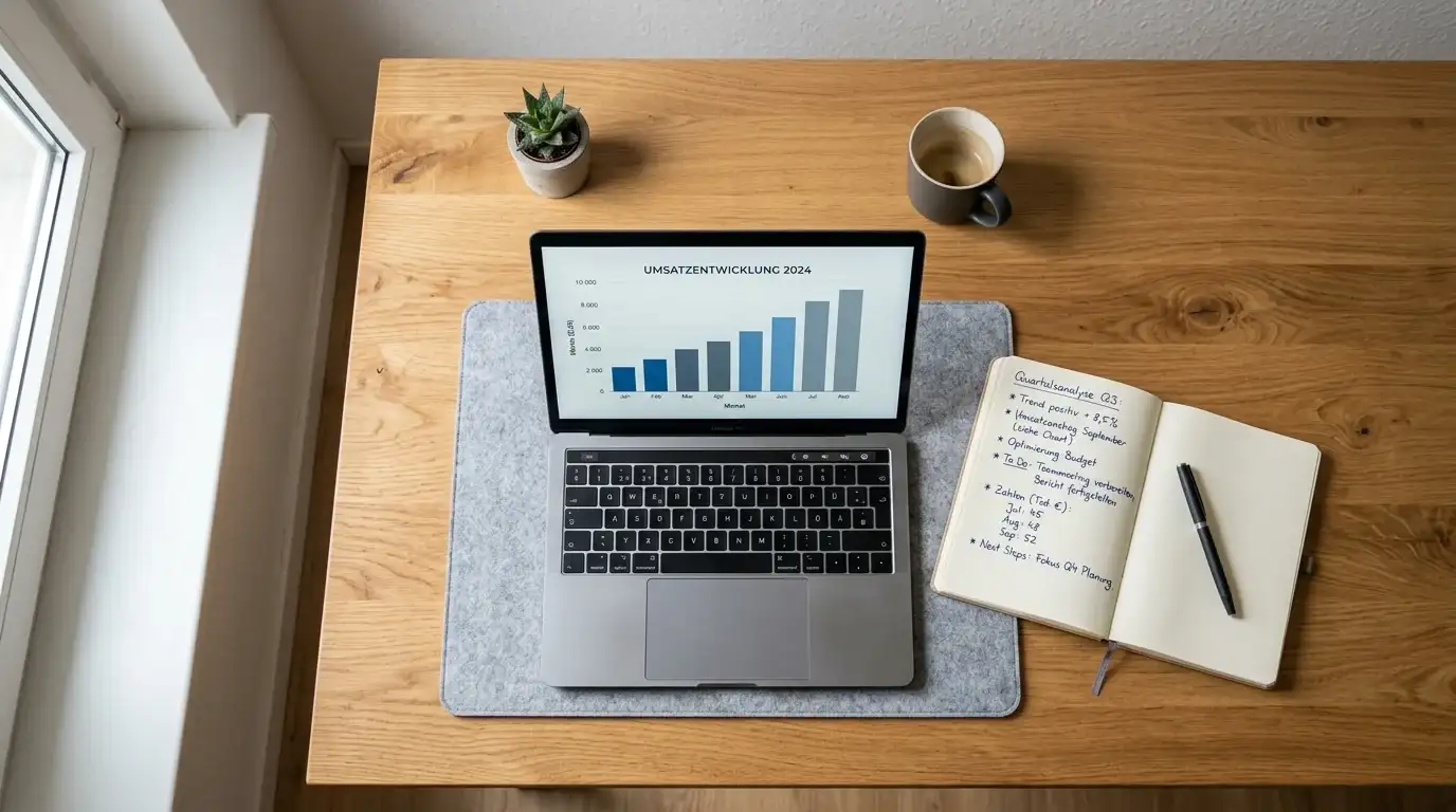 Arbeitsplatz mit Laptop und Notizbuch zur RTP-Berechnung