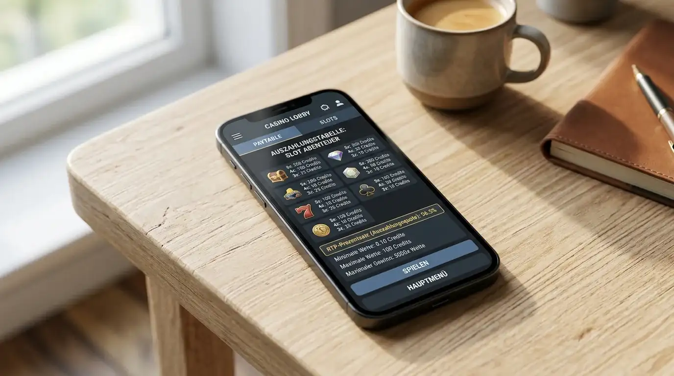 Smartphone zeigt neutrale Casino-App mit Paytable-Ansicht und RTP-Wert auf Display