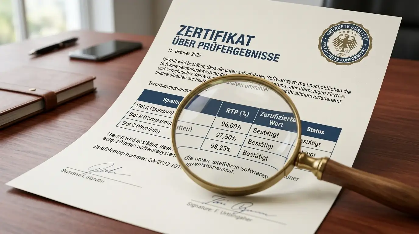 RTP-Zertifizierungsdokument mit eCOGRA-Siegel und Prozentsätzen