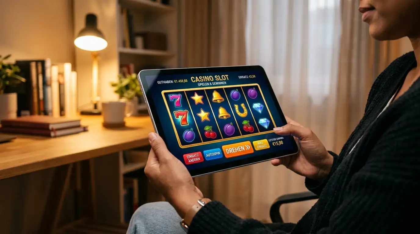 Tablet mit generischen Slot-Symbolen in Wohnzimmer-Atmosphäre