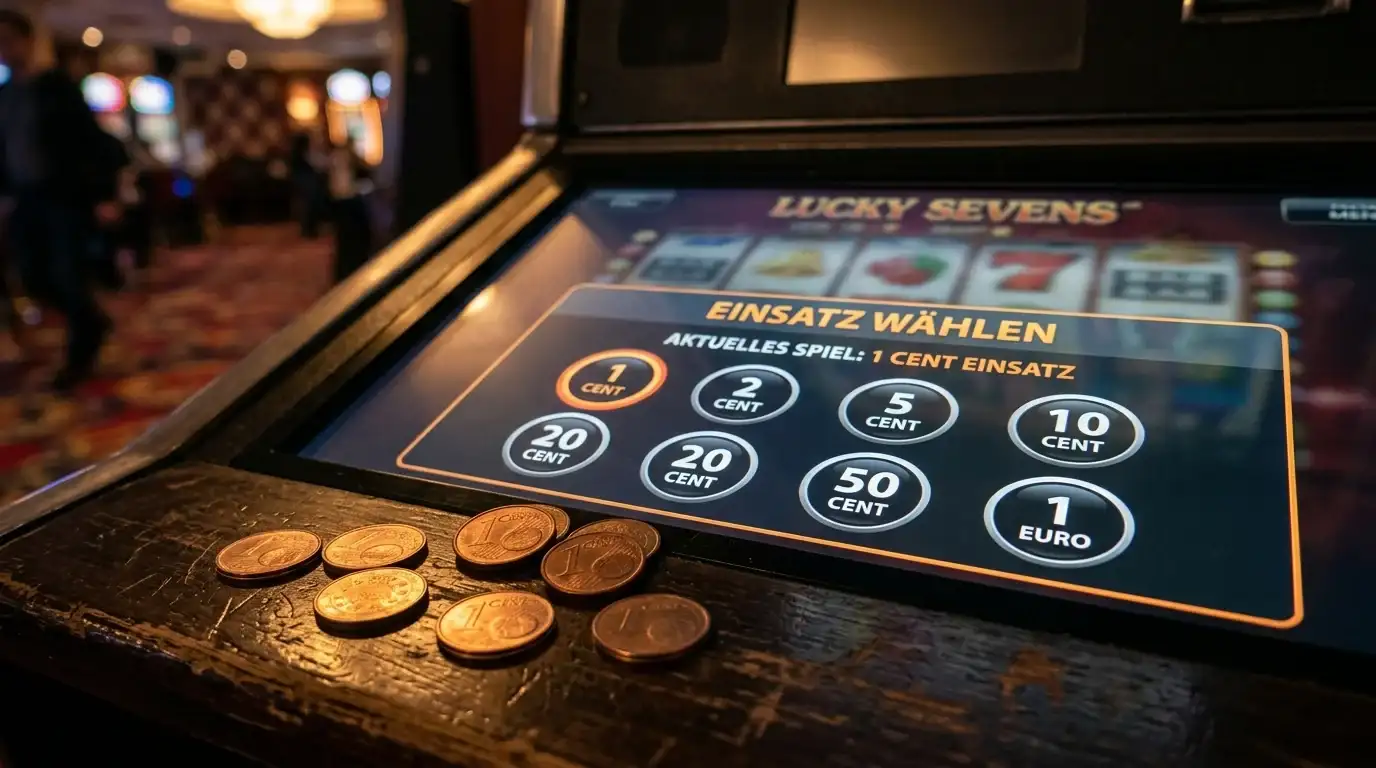 Spielautomat-Bildschirm mit niedrigen Einsatzoptionen und Cent-Münzen