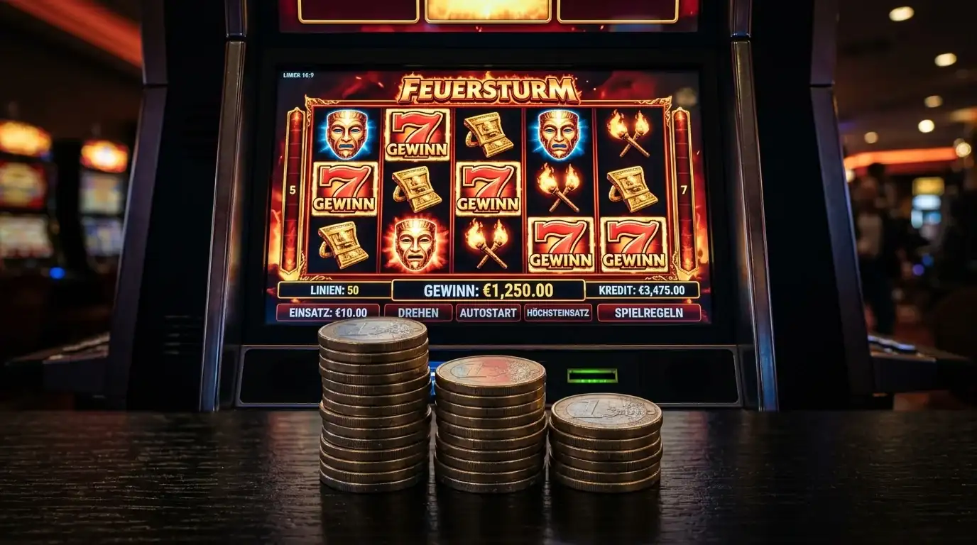 Hochvolatiler Slot-Bildschirm mit 1-Euro-Chips und dramatischer Beleuchtung