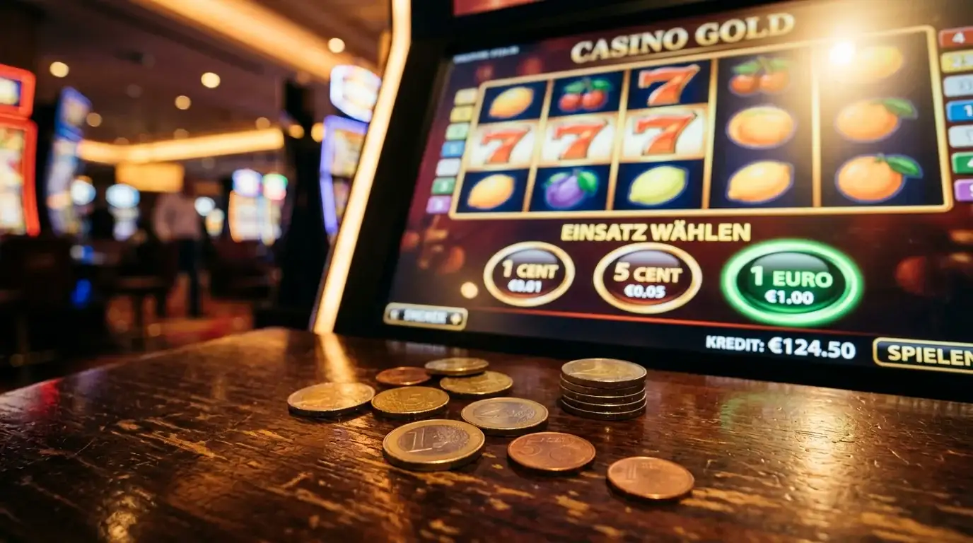 Spielautomat mit verschiedenen Einsatzstufen und Münzen auf einem Tisch