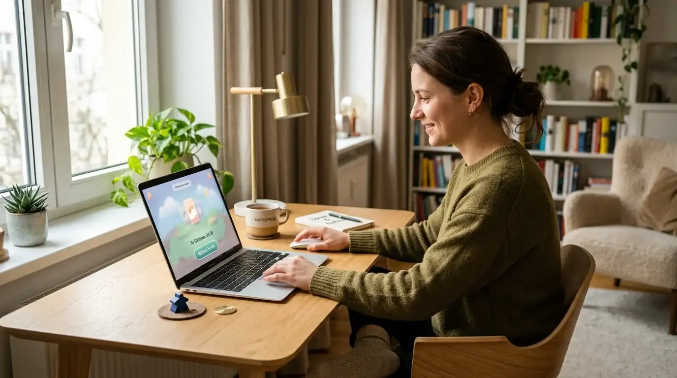 Person am Laptop spielt Spielautomaten mit niedrigem Einsatz