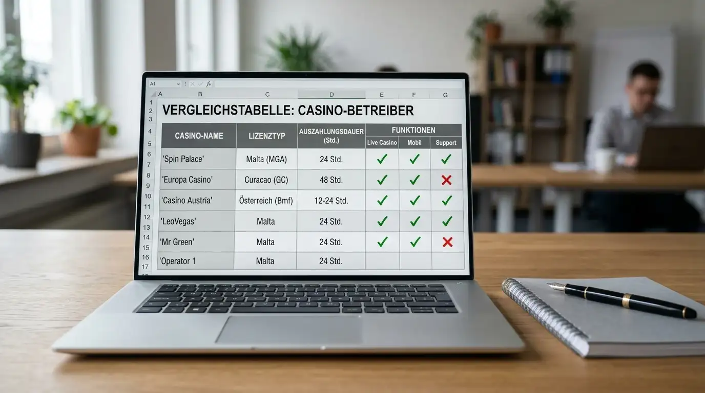 Casino-Vergleichstabelle mit Lizenzen und Auszahlungszeiten auf Laptop-Bildschirm