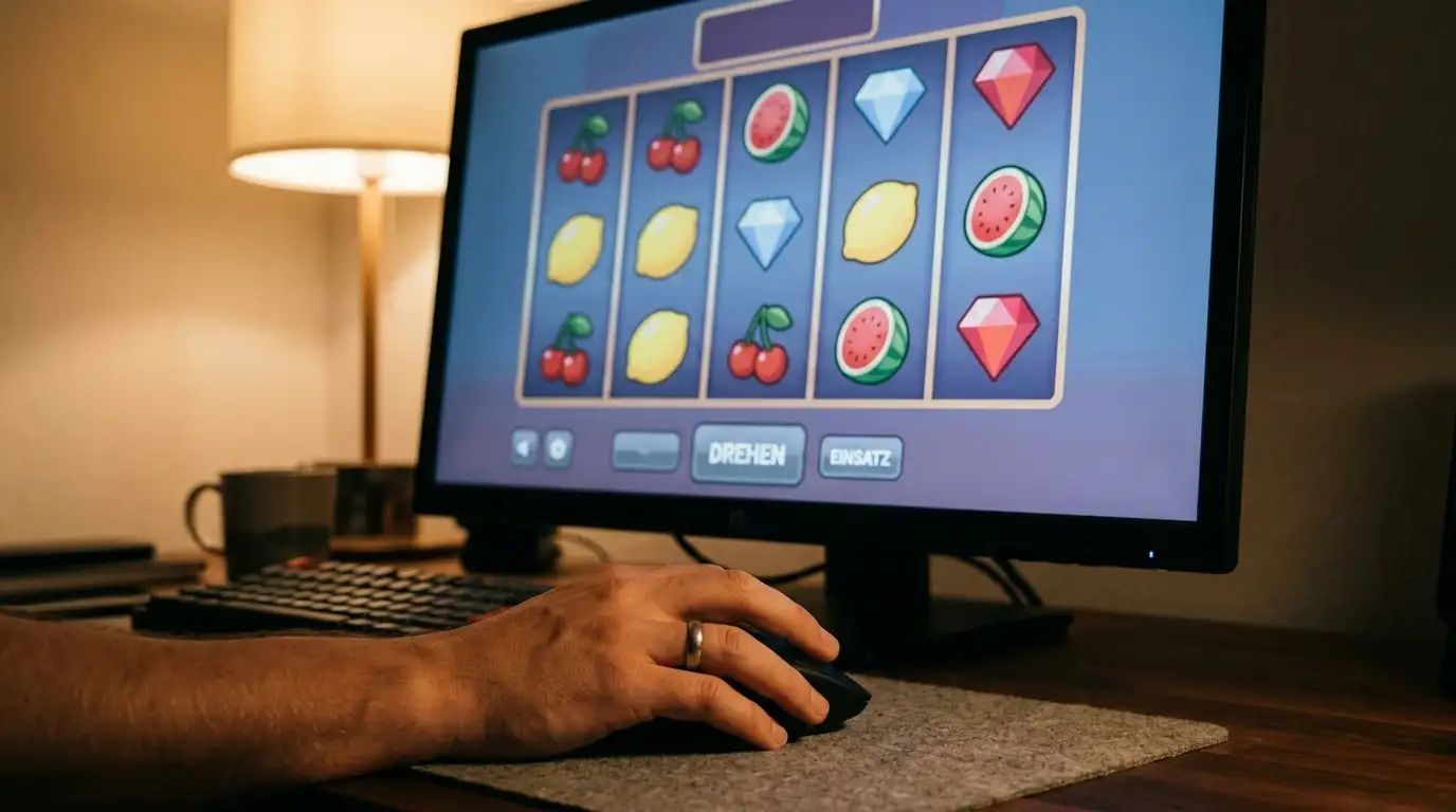 Bildschirm mit den Walzen eines beliebten Spielautomaten für Freispiele