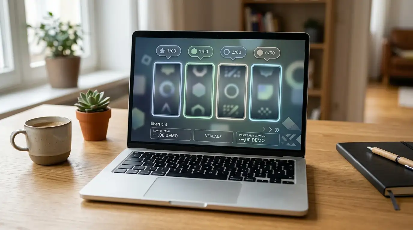 Laptop mit klar gekennzeichnetem Demomodus für neutrale Spielautomaten