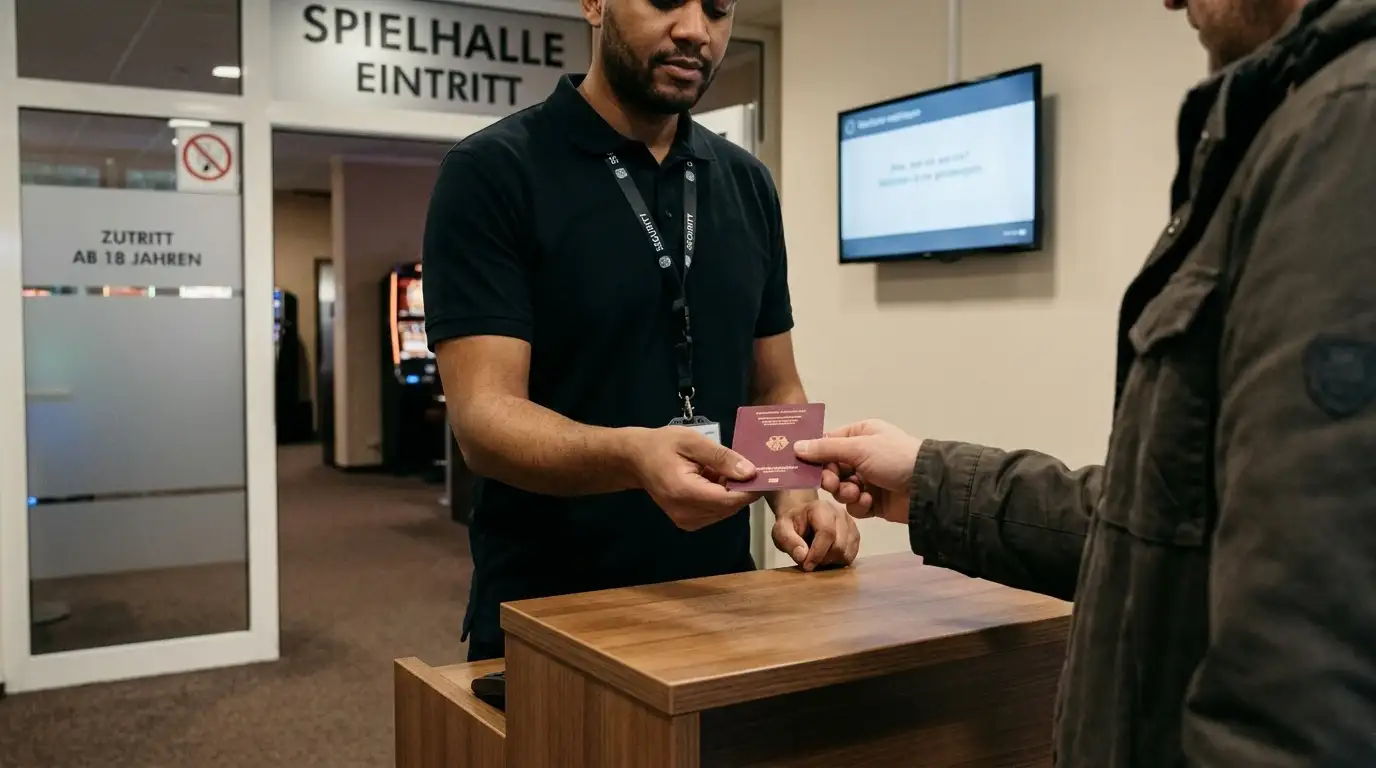 Neutraler Eingangsbereich einer Spielbank mit Hinweisschild zur Alterskontrolle